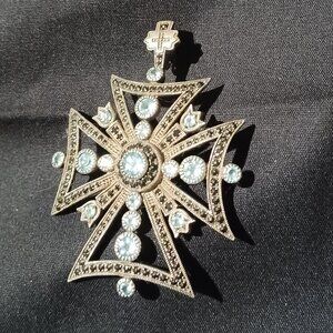 Bespoke Sterling Marcasite & Aqua topaz Maltese Cross Pendant